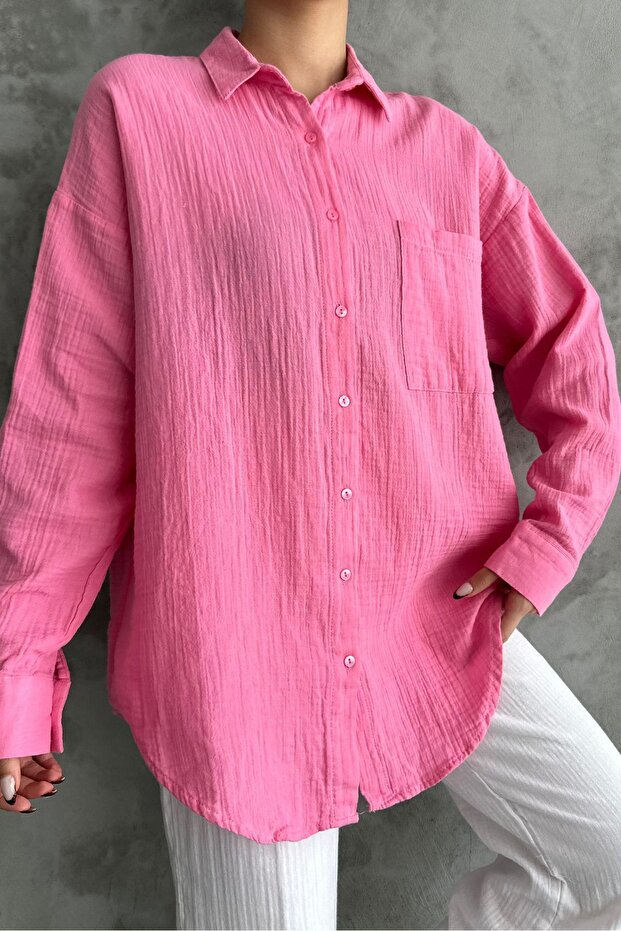 Kadın Şeker Pembe Oversize Basic Pamuk Gömlek - 7