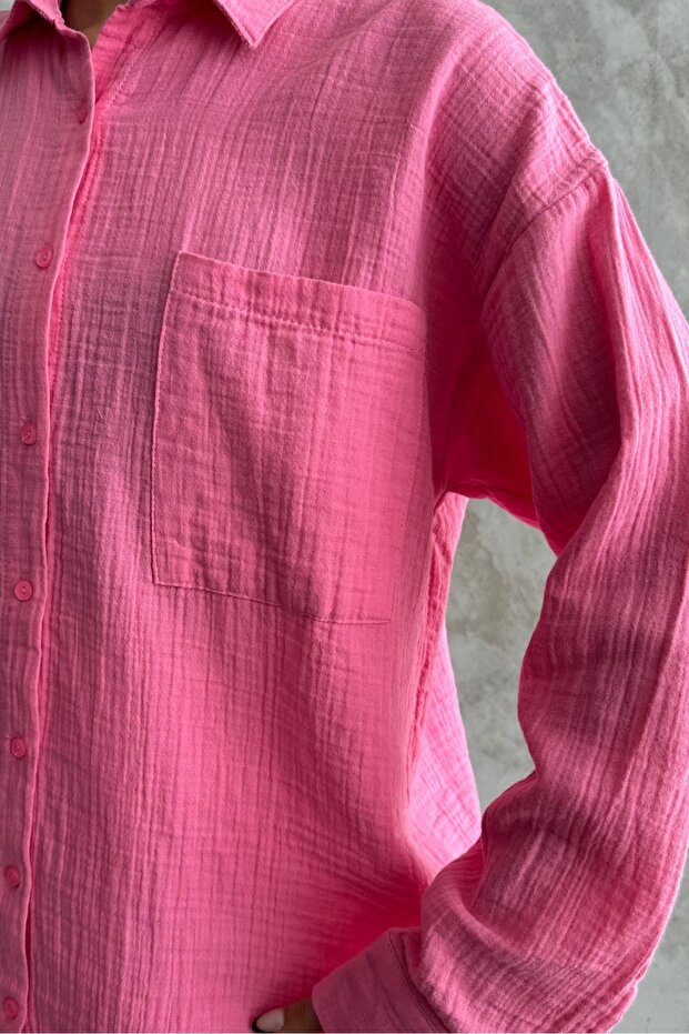Kadın Şeker Pembe Oversize Basic Pamuk Gömlek - 6