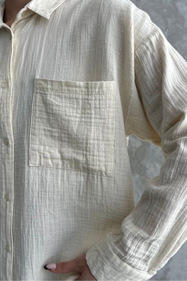 Kadın Krem Oversize Basic Pamuk Gömlek - 6