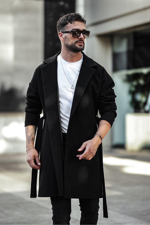 Men's Black Belted Oversize Relaxed Cut Stamp Coat