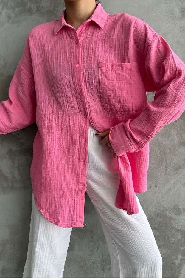 Kadın Şeker Pembe Oversize Basic Pamuk Gömlek - 8