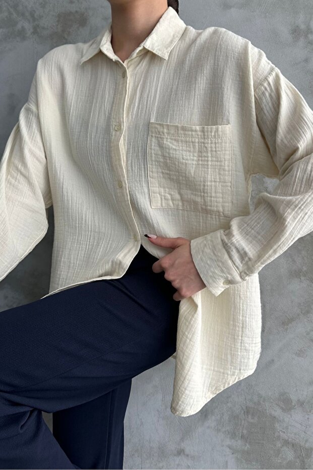 Kadın Krem Oversize Basic Pamuk Gömlek - 1