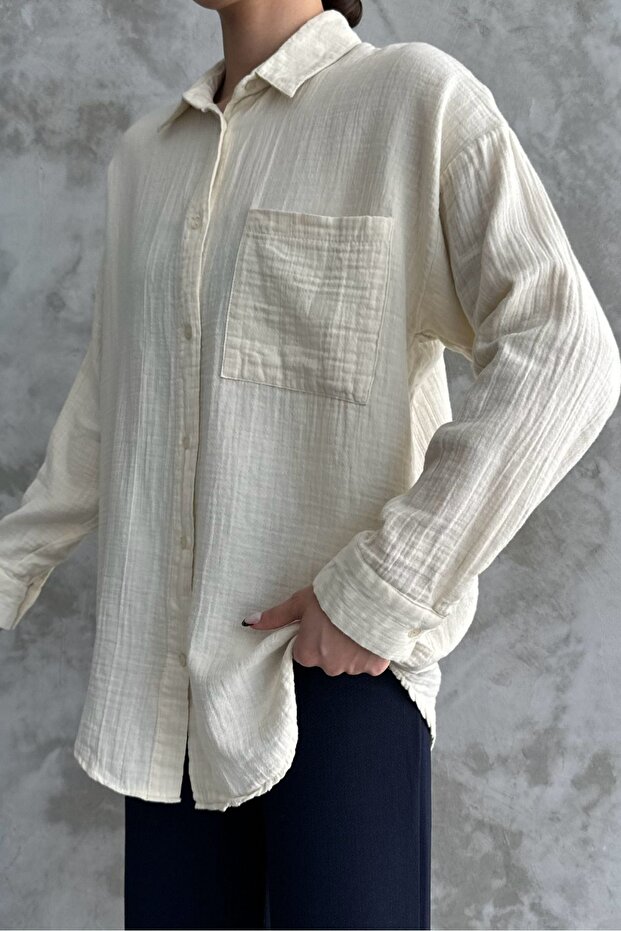 Kadın Krem Oversize Basic Pamuk Gömlek - 3