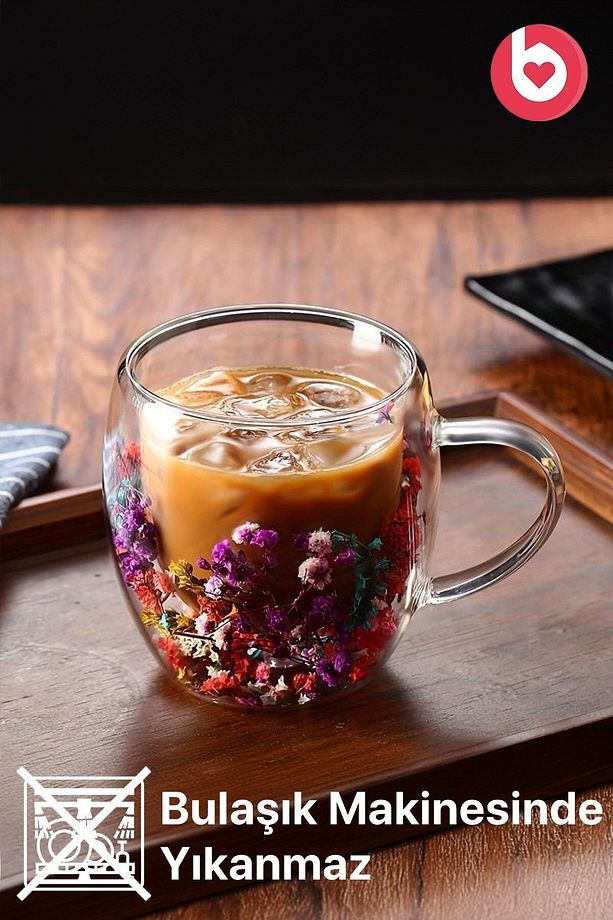 Çift Cidarlı 250ml Kulplu Cam Kupa 2'li - Çiçekli - 1