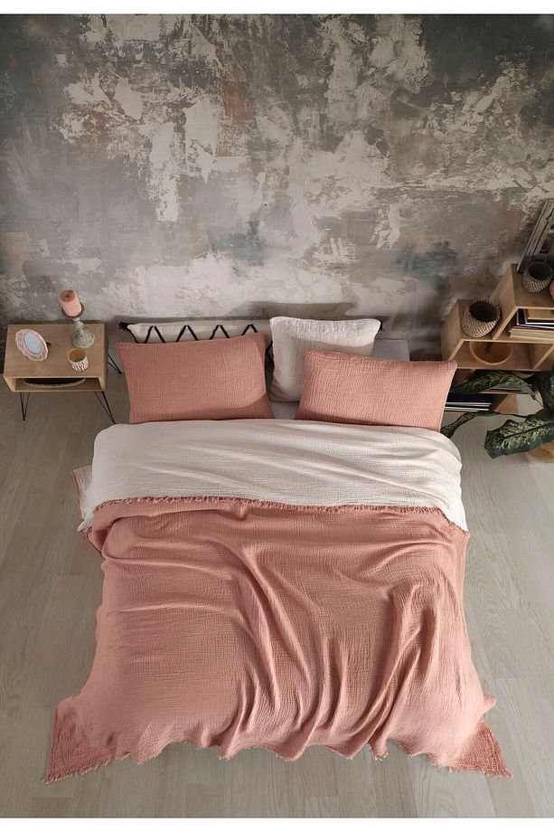 Kiremit Renkli 4 Katlı Multi Muslin %100 Pamuk Tek Kişillik Yatak Örtüsü 160x240 Cm - 3