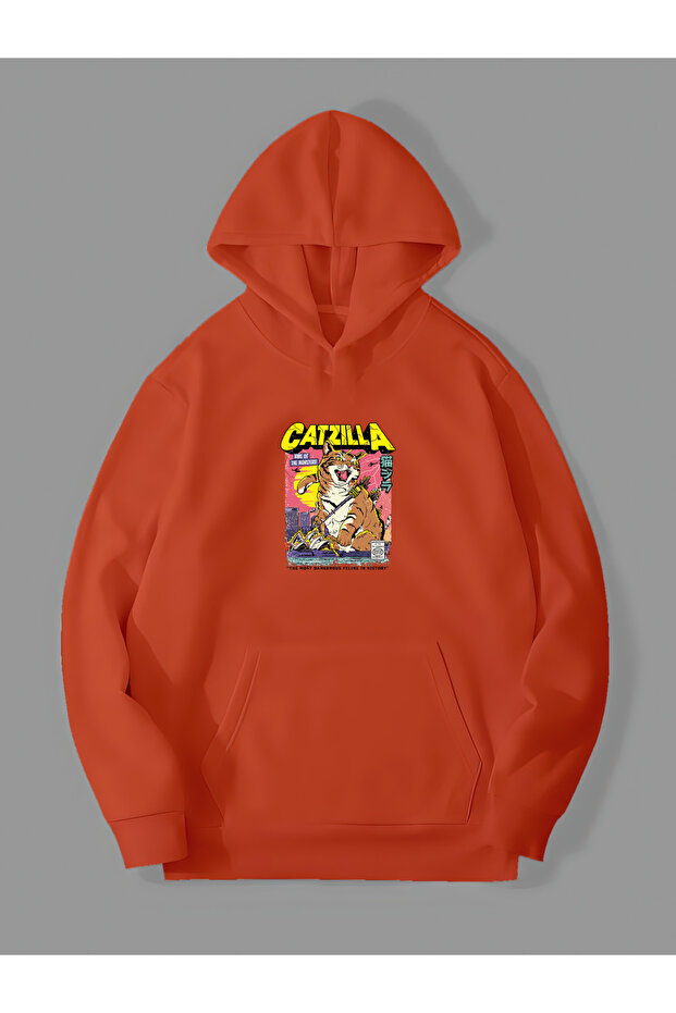 Catzilla Printed - Orange Kangaroo Pocket Hooded Sweatshirt Hoodie 3 Thread