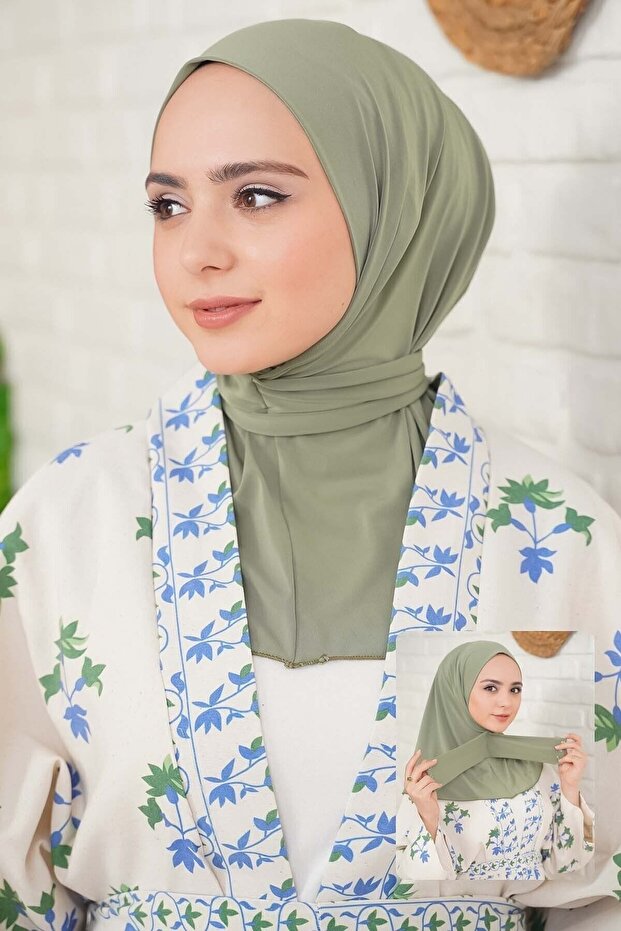 Women's Hijab Mint Snap-Fast Neck Collar Hijab Bonnet Model Scarf Shawl 01