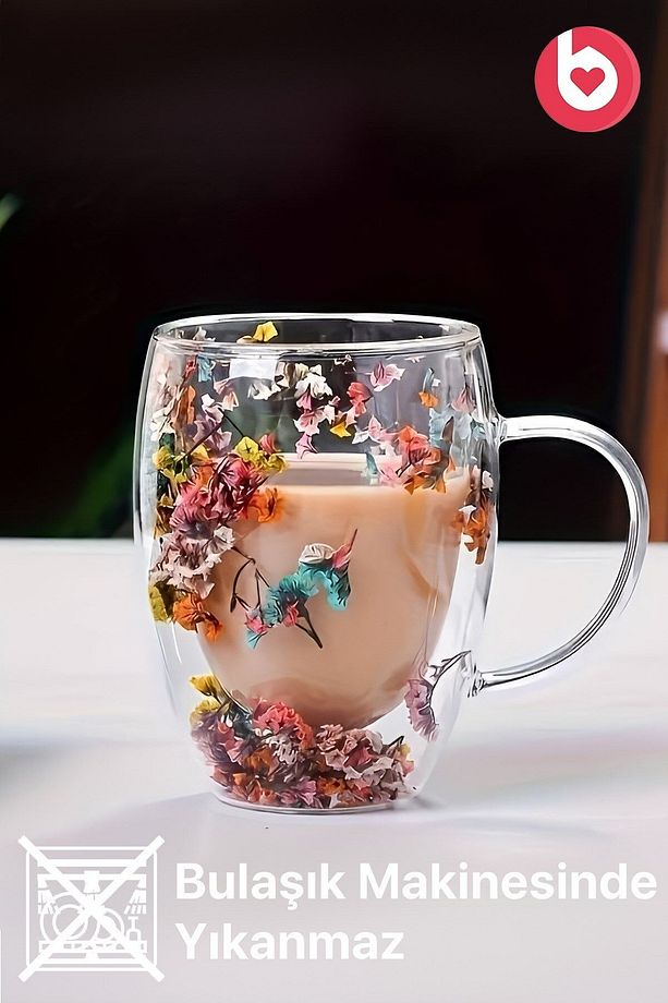 Çift Cidarlı 350ml Kulplu Cam Kupa 2'li - Çiçekli - 2