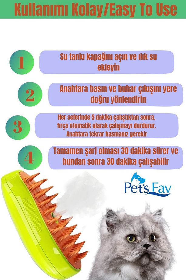 Buharlı Kedi ve Köpek Temizleme Yıkama Masaj Tarağı Fırçası ve Derin Temizleyici Kedi Şampuanı - 4