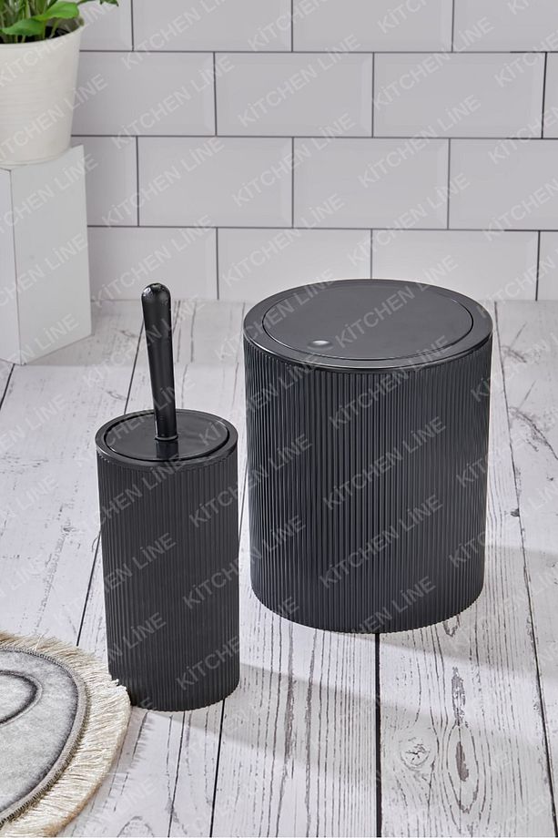 Yuvarlak Çöp Kovası & Yuvarlak Tuvalet Fırçası Seti Ikili Banyo Seti Siyah - 2