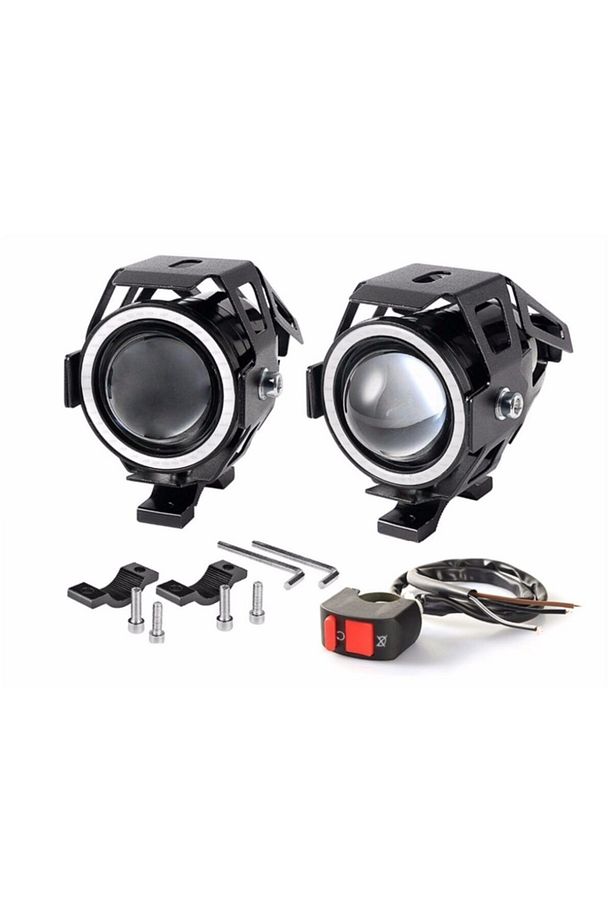 U7 Motosiklet Sis Farı Mercekli Büyük Kafesli Sarı Angel Işıklı Led (2 Adet Led + 1 Anahtar) - 1