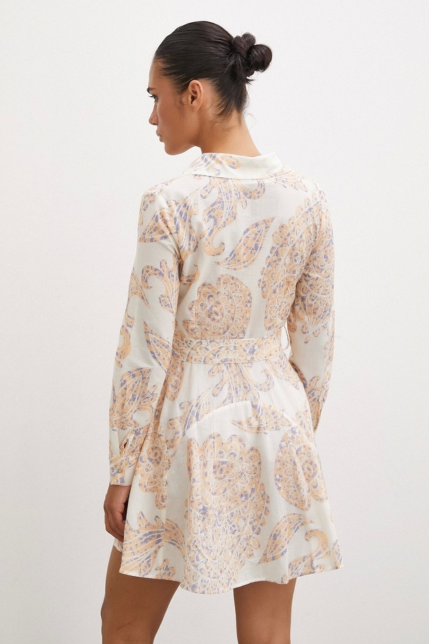 Godeli Desenli Elbise Krem - 7