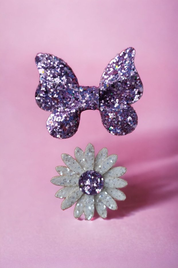 Girl child baby set of 2 clips butterfly daisy lilac