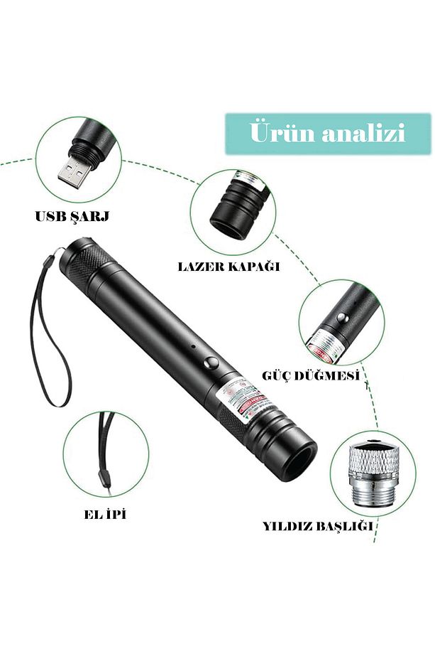 PRO-303 USB Şarjlı Yeşil Lazer Pointer, Sunum Kalemi, Güçlü Şarjlı Lazer İşaretleyici - 4