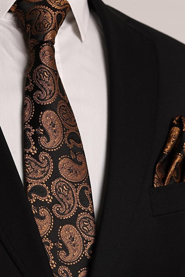 Hand Made 8 cm Shawl Pattern Gold & Black Tie & Handkerchief