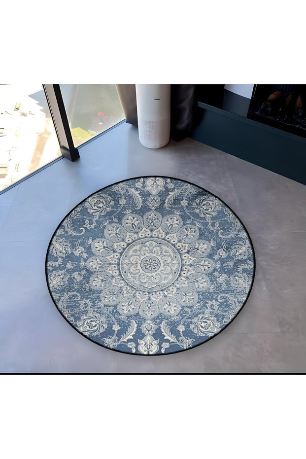Blue Themed Ethnic Motif Traditional Patterned Round Woven Base Vintage Decorative Carpet 6124