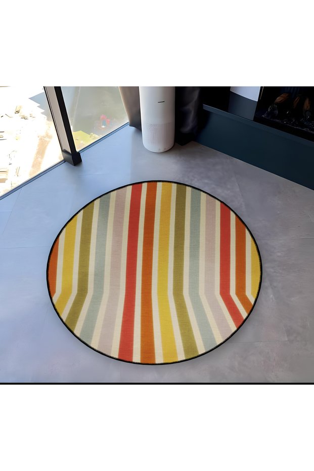 Multicolor Striped Pattern Round Woven Base Modern Decorative Carpet 6126