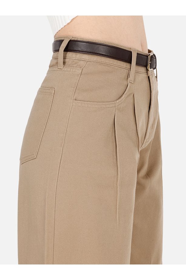 Regular Fit Geniş Paça Yüksek Bel Bej Kadın Pantolon - 5