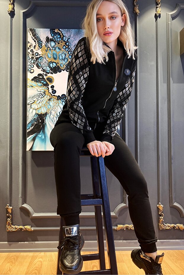 Thin Comfortable Cotton Zippered Black Stylish Women's Tracksuit Set with Crystal Stones on the Sleeves