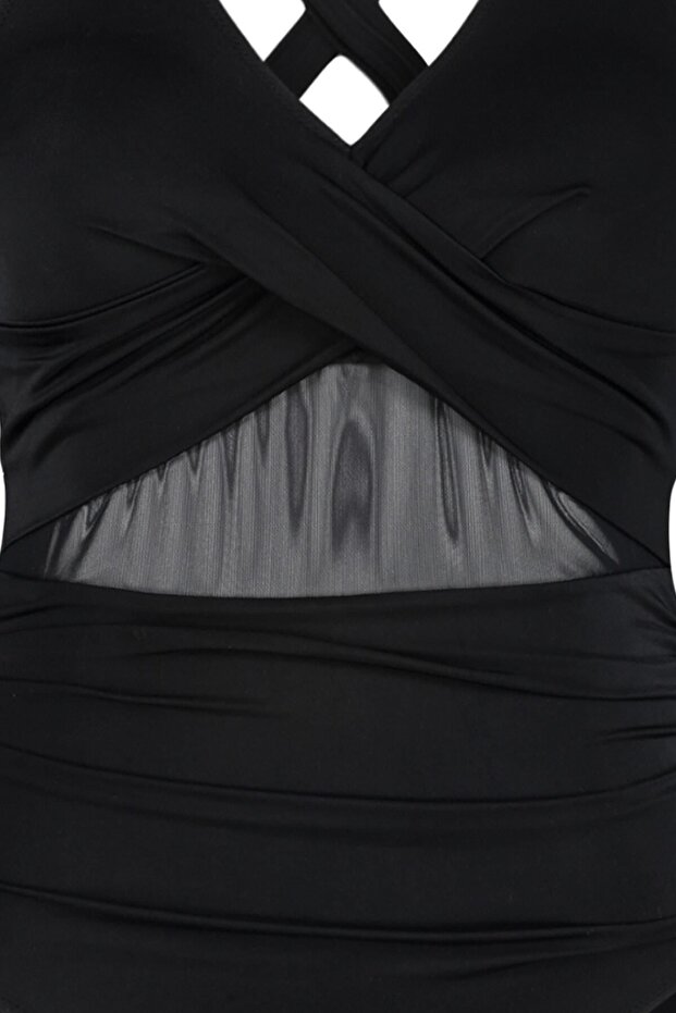 Fekete kivágott hálós/tüll részletes, nagy méretű fürdőruha a derekán TBBSS23AM00037 - 7