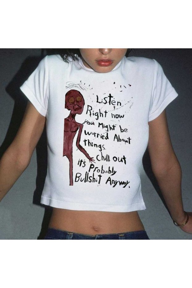 Women's Top Sitting Mold Waist Length Crop Printed Crew Neck Baby Tee