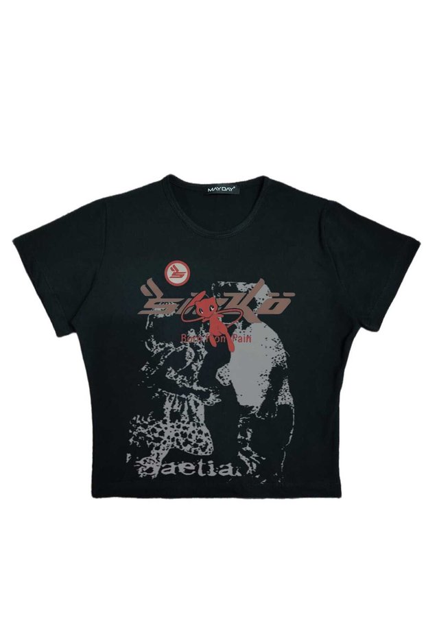 Women's Top Sitting Mold Waist Length Crop Printed Crew Neck Baby Tee