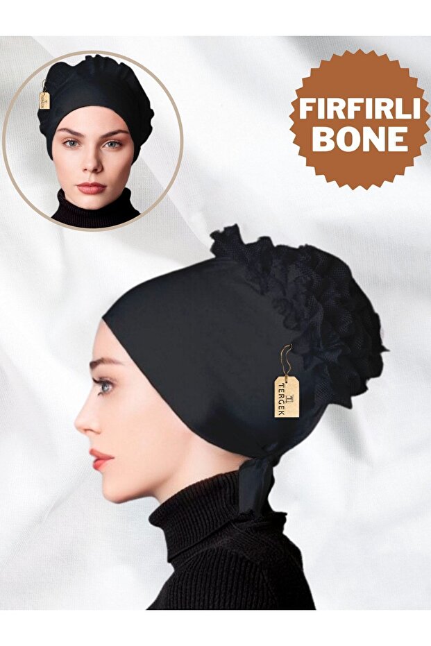 Ruffled Inner Bun Front Stitched Bonnet Black Cotton Combed Fabric Daily Women's Hijab Headscarf Turban