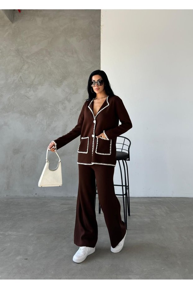 Women's Brown Double Pocket Detailed Cardigan Trouser Bottom Top Double Knitwear Set