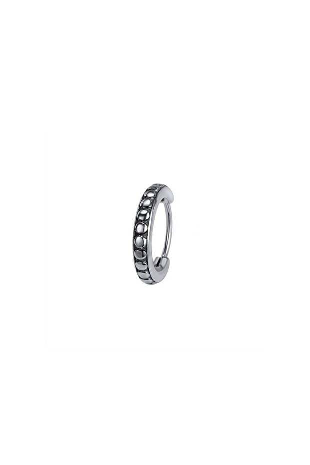 Dot Embroidered Hoop Thin Classic Stainless & Tarnish Resistant Unisex Snap-On Gray 316L Steel Earrings