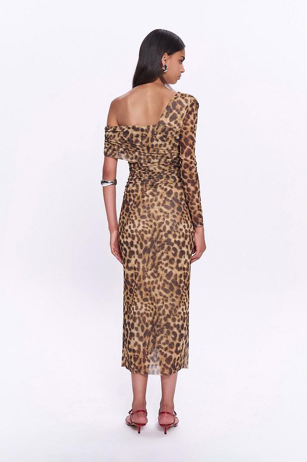 Leopar Desenli Midi Elbise Kahve - 5