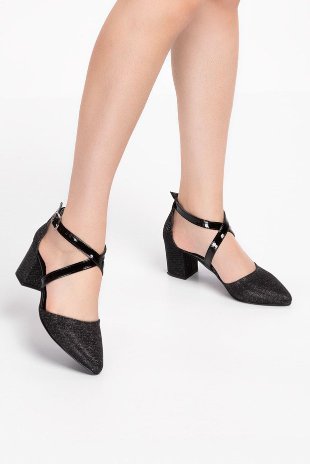 Women's Black Ankle Cross-Strapped Glitter Heeled Shoes