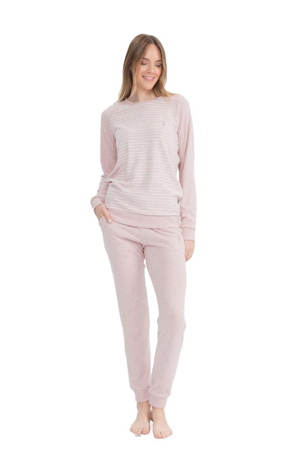 U.S. Polo Assn. 17084 Women's Pink Melange Long Sleeve Round Neck Pajama Set
