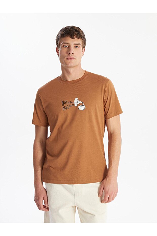 Lcw Casual Cinnamon Crew Neck Short Sleeve Printed Combed Cotton Men's T-Shirt (S4)