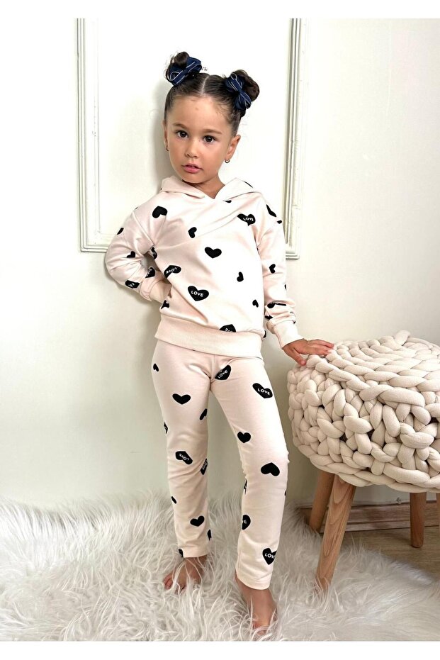 Heart Patterned Hooded Sweatshirt Tracksuit Set