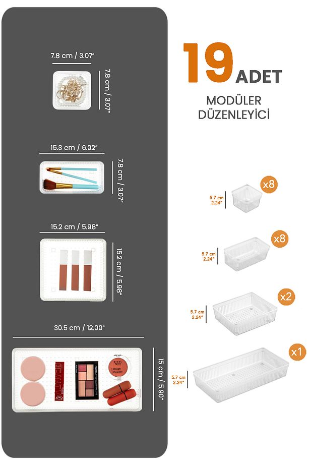 19'lu Çekmece İçi Çok Amaçlı Organizer -Kozmetik Takı Makyaj Organizeri Dolap İçi Düzenleyici Şeffaf - 2