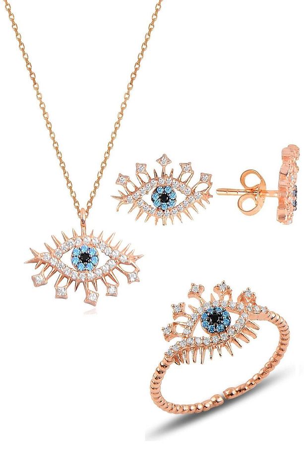 Gümüş Rodyumlu Zirkon Taşlı Lareyn Kolye Küpe Ve Yüzük Gümüş Set Sgtl10596rose - 1