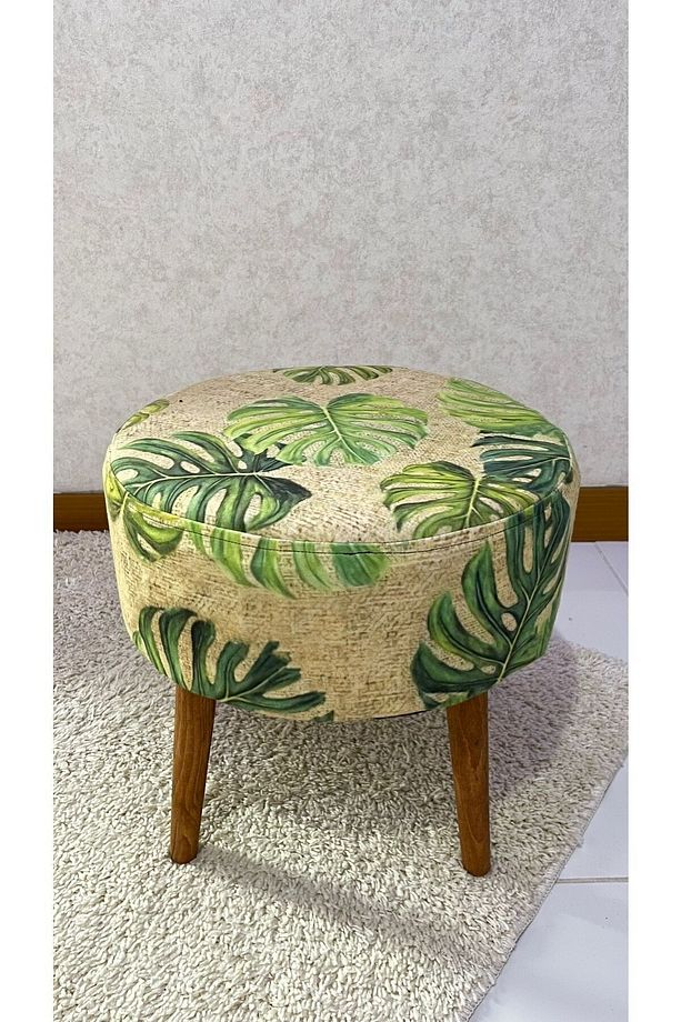 Hasır Desenli Puf Bench Ahşap Ayaklı Dekoratif Yaprak Desenli Puf Bench - 1