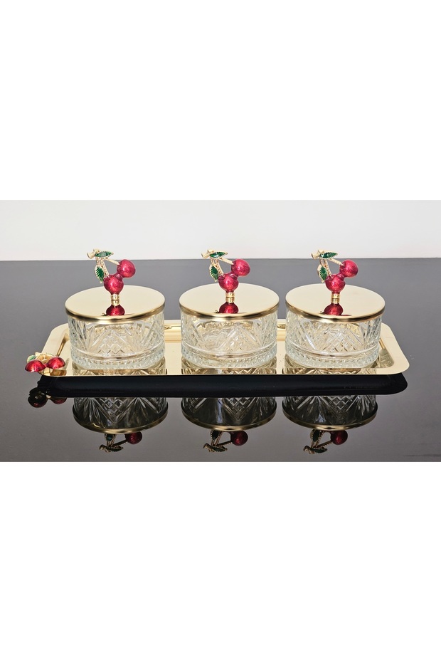 طقم أوعية مع صينية Cherry Gold مكوّن من 3 قطع، يشمل وعاء سكر وطبق تقديم ووعاء مكسرات