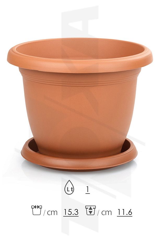1 Litre Ø15,3x11,6cm Tabaklı Yuvarlak Plastik Küçük Boy Villa Saksı No2 Mat Kiremit - 2