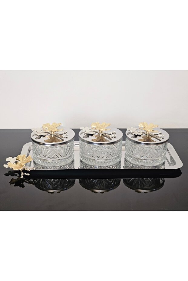 3-Piece Butterfly-Themed Silver Tray and Bowl Set & Sugar Bowl & Serving Dish & Snack Bowl