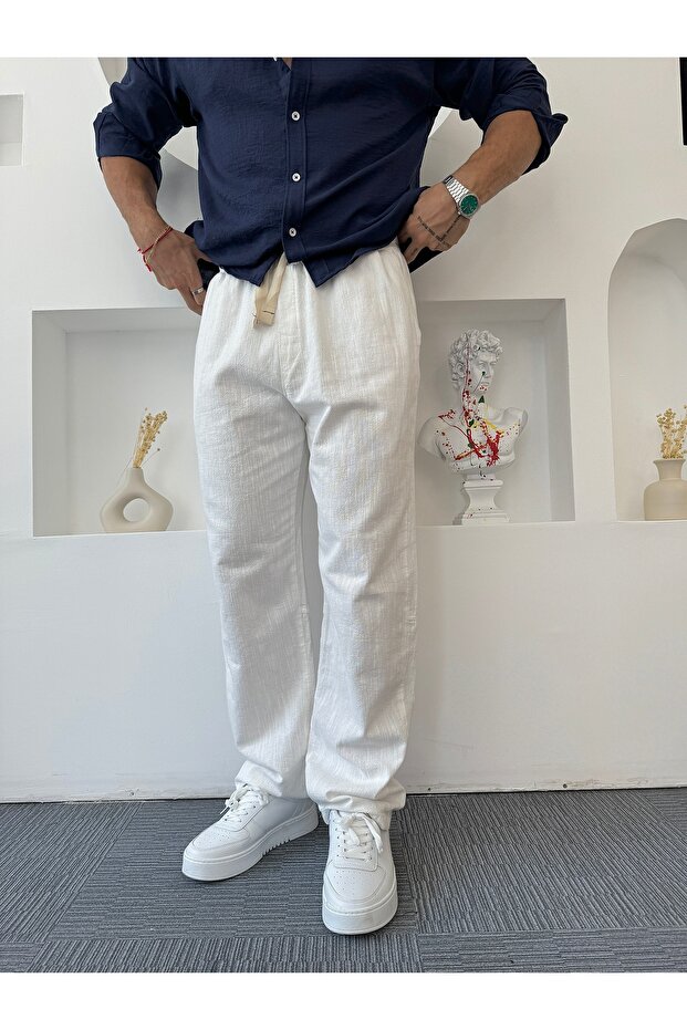 Beyaz GG Baskılı Baggy Keten Pantolon - 2