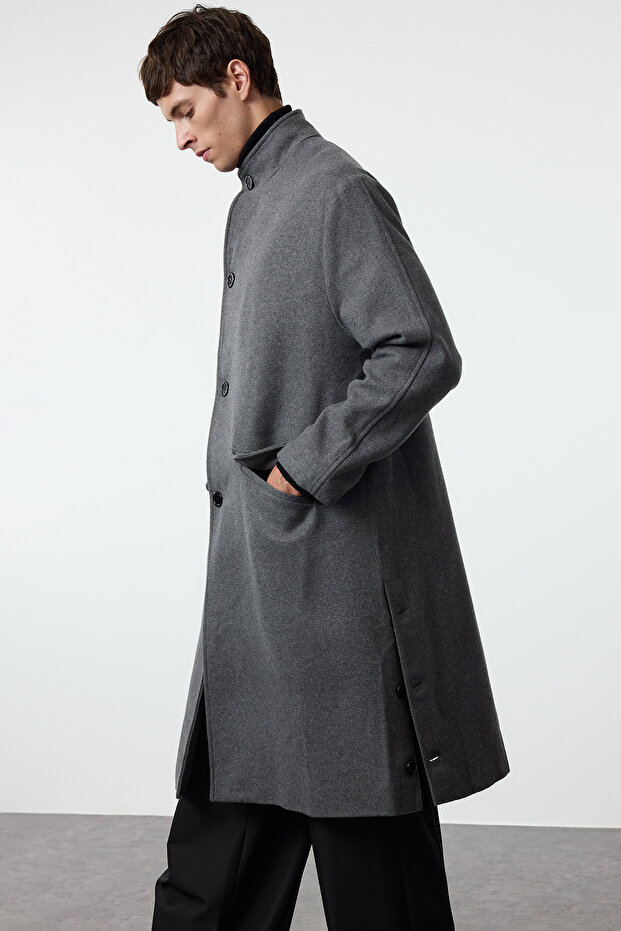 Antrasit Oversize Fit Dik Yaka Uzun Kaşe Kışlık Kaban TMNAW25KB00005 - 3