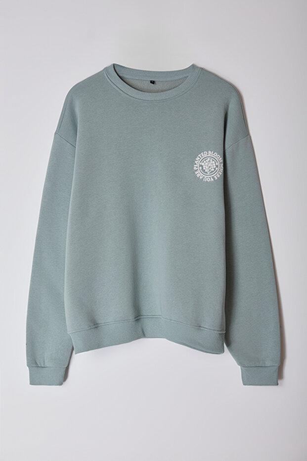 Mint Oversize/Geniş Kesim Çiçek Nakışlı İçi Polarlı Pamuklu Sweatshirt TMNAW24SW00012 - 8