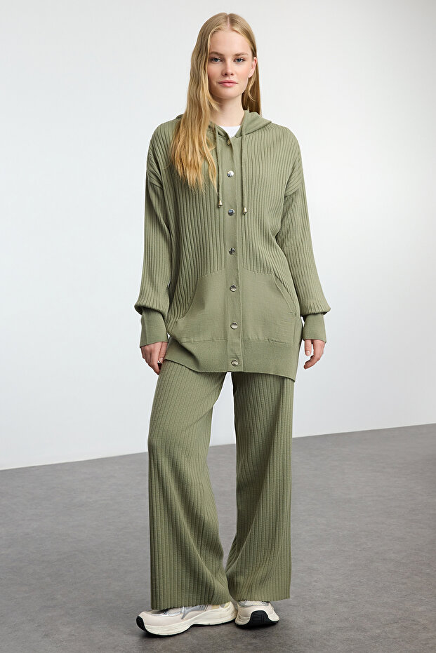 Haki Kapüşonlu Oversize Triko Alt-Üst Takım TCTAW25US00022 - 1