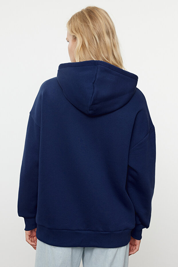 Koyu Lacivert Oversize/Rahat Kesim Fermuarlı Kalın İçi Polarlı Örme Sweatshirt TWOAW24SW00188 - 5