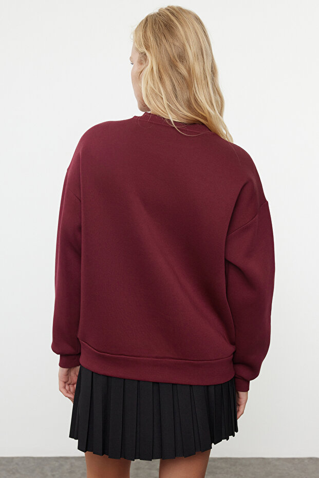 Bordo Oversize/Rahat Kesim Basic Bisiklet Yaka Kalın/İçi polarlı Örme Sweatshirt TWOAW24SW00102 - 5