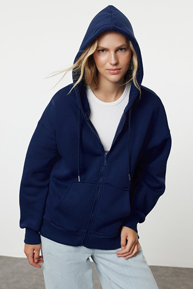 Koyu Lacivert Oversize/Rahat Kesim Fermuarlı Kalın İçi Polarlı Örme Sweatshirt TWOAW24SW00188 - 2