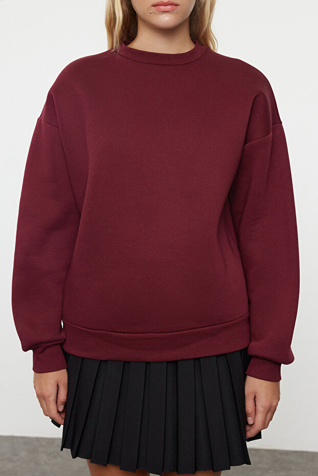Bordo Oversize/Rahat Kesim Basic Bisiklet Yaka Kalın/İçi polarlı Örme Sweatshirt TWOAW24SW00102 - 3