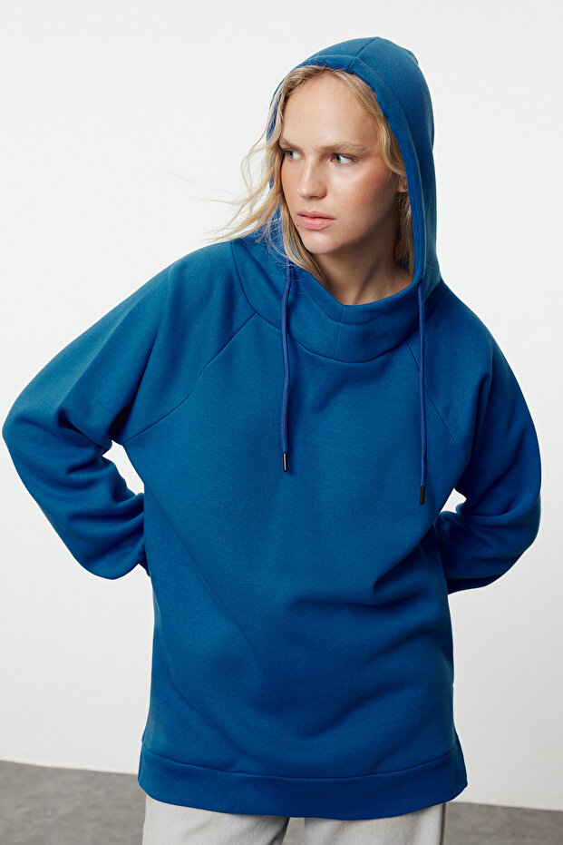 Saks Kapüşonlu Oversize Şardonlu Örme Sweatshirt - 2