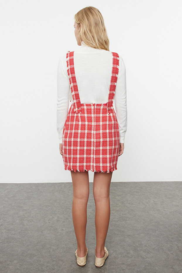Kırmızı Ekose / Kareli Mini Dokuma Elbise TWOAW22EL0460 - 5